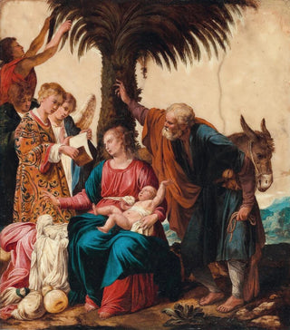 Carlo Saraceni - The Rest during the flight into Egypt with a Deacon and three Angels.webp