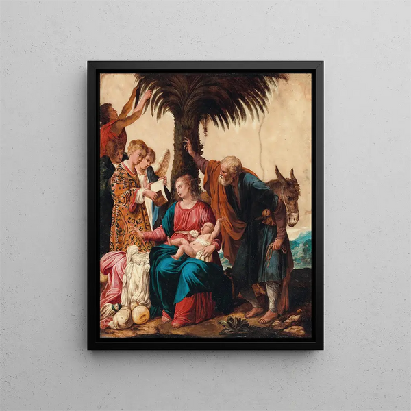 The Rest During the Flight into Egypt with a deacon and three angels - Carlo Saraceni — framed artwork on a wall