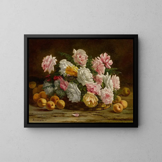 Roses et pêches - Carlos Rivero Sanabria — framed artwork on a wall