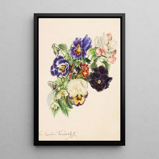 Petit bouquet avec pensées, fleurs de pommier et primevères - Caroline Therese Friedrich — framed artwork on a wall