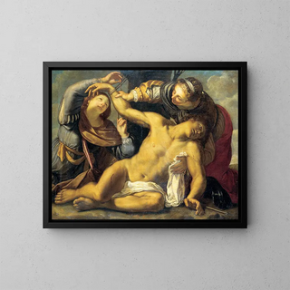 Saint Sebastian cared for by Saint Irene and a servant - Carracci School — framed artwork on a wall