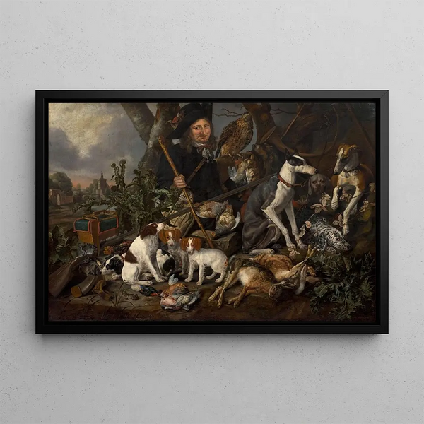 Gentleman hunter with his pack of dogs and his hunting trophies - Carstian Luyckx — framed artwork on a wall