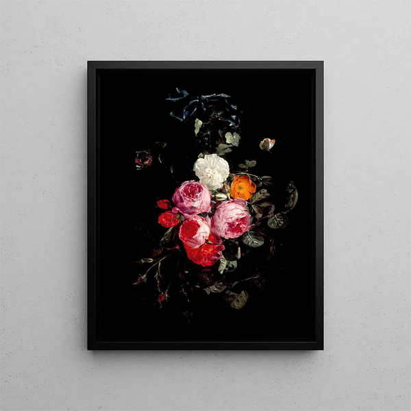 a festoon of roses hanging from a blue ribbon with butterflies and insects - Carstian Luyckx — framed artwork on a wall