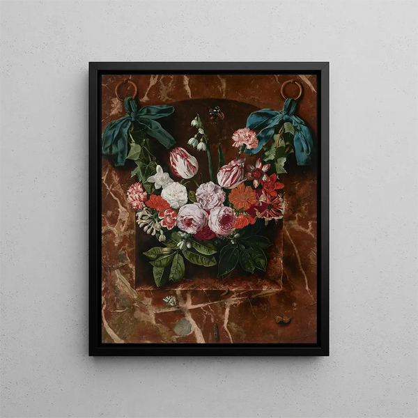 A garland of tulips, roses, lilies of the valley, and other flowers hanging from blue ribbons in front of a marble alcove with butterflies and caterpillars - Carstian Luyckx — framed artwork on a wall