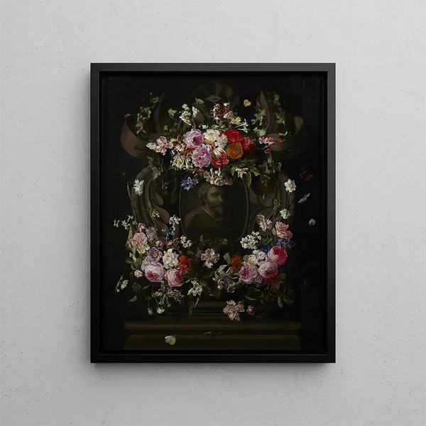 Cartouche with flowers - Carstian Luyckx — framed artwork on a wall
