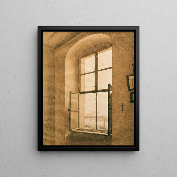 View from the artist's studio in Dresden towards the Elbe, left window - Caspar David Friedrich — framed artwork on a wall