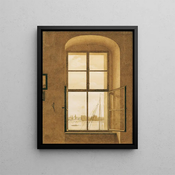 View from the artist's studio, right window - Caspar David Friedrich — framed artwork on a wall
