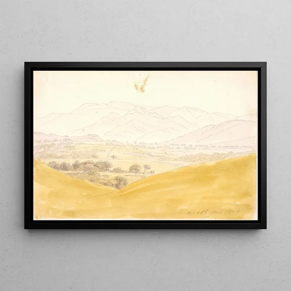 Bohemian landscape with the Mittelgebirge - Caspar David Friedrich — framed artwork on a wall