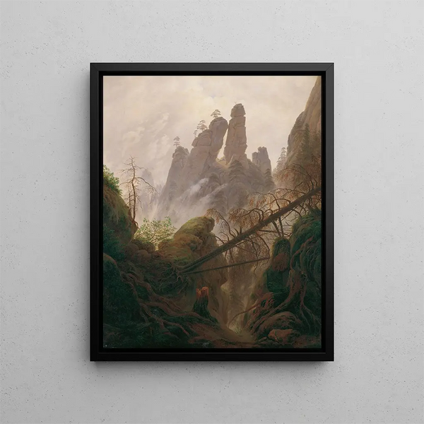 Landscape painting of rocky mountains in the Elbe sandstone - Caspar David Friedrich — framed artwork on a wall