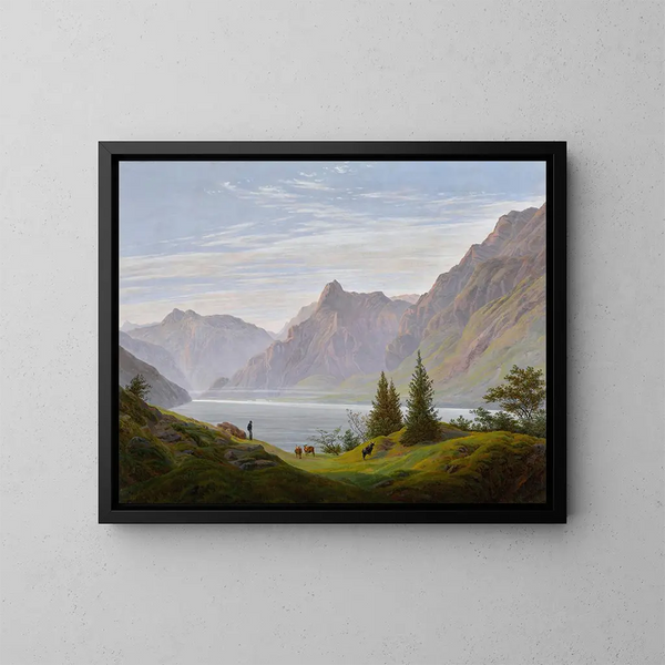 Mountain Lake Landscape Painting at Morning - Caspar David Friedrich — framed artwork on a wall