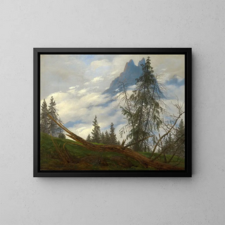 Mountain summit painting with drifting clouds - Caspar David Friedrich — framed artwork on a wall