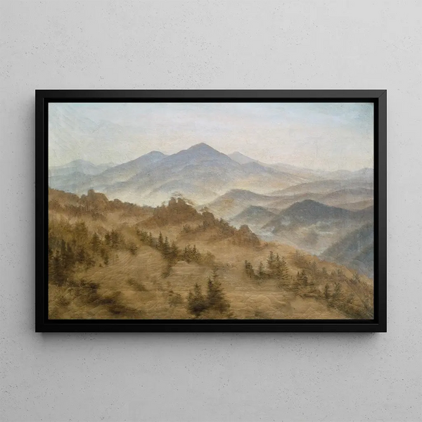 Mountains in the Fog Rising - Caspar David Friedrich — framed artwork on a wall
