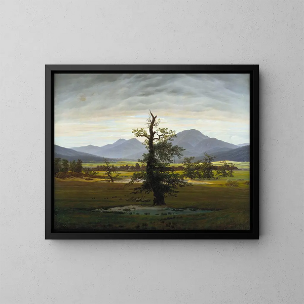 Village landscape painting in the morning light, The solitary tree - Caspar David Friedrich — framed artwork on a wall