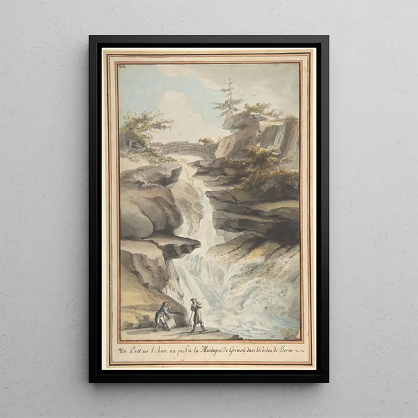 a painting of a bridge over the Aar at the foot of the Grimsel in the canton of Bern - Caspar Wolf — framed artwork on a wall