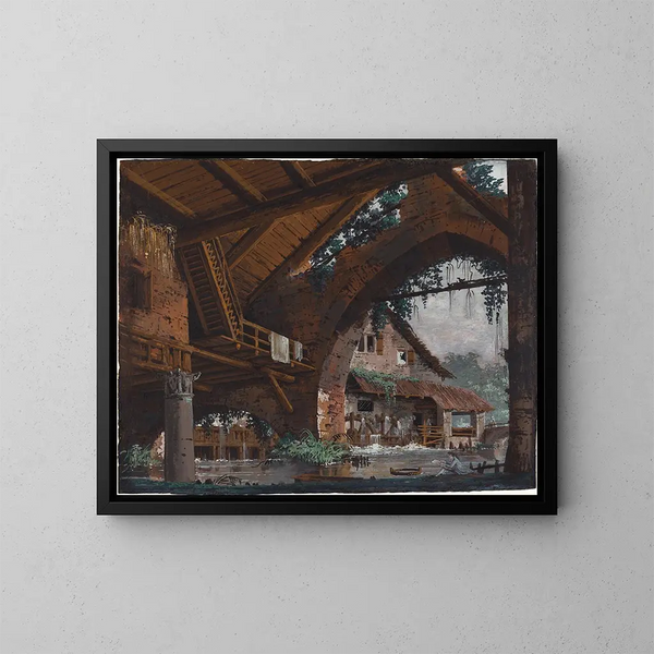 Architectural Fantasy Painting of Ancient Ruins with a Water Mill - Caspar Wolf — framed artwork on a wall
