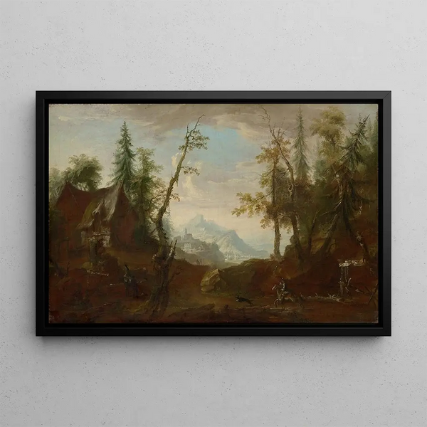 a Farm in a Forest Clearing with Horsemen - Caspar Wolf — framed artwork on a wall
