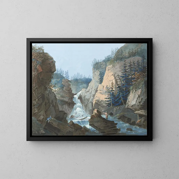Gorge with waterfall - Caspar Wolf — framed artwork on a wall