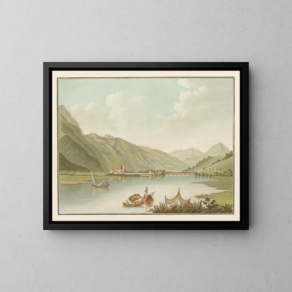 View of Interlaken over Lake Brienz - Caspar Wolf — framed artwork on a wall