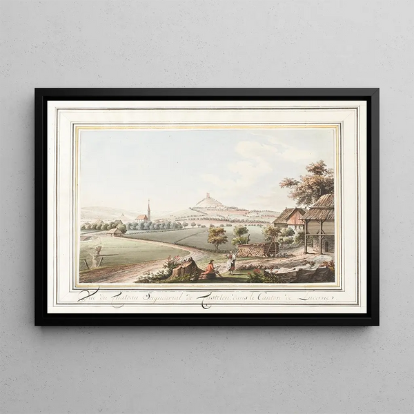 View of the lordly castle of Castelen in the canton of Lucerne - Caspar Wolf — framed artwork on a wall