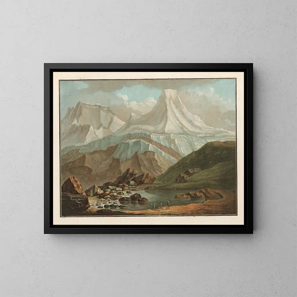 Vue du Grosshorn et du Breithorn avec le petit lac d'Oberhorn - Caspar Wolf — framed artwork on a wall