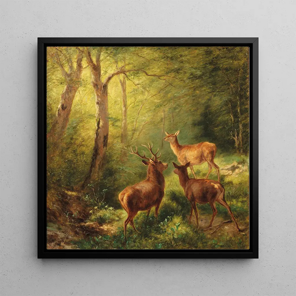 Deer in a sunlit clearing - Franz Xaver von Pausinger — framed artwork on a wall