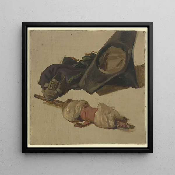 Hat, shoes and spindle - Jakob Becker — framed artwork on a wall
