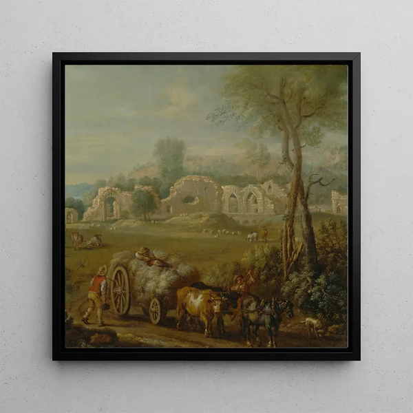Hay cart passing in front of a ruined abbey - John Wootton — framed artwork on a wall