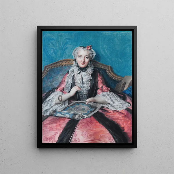 Portrait of a woman sewing - Charles-Antoine Coypel — framed artwork on a wall