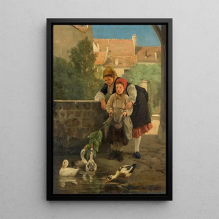Feeding the ducks - Charles-Bertrand d'Entraygues — framed artwork on a wall