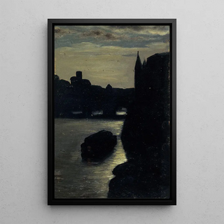 Les bords de la Seine près du palais de justice effet de nuit - Charles-Émile Cuisin — framed artwork on a wall