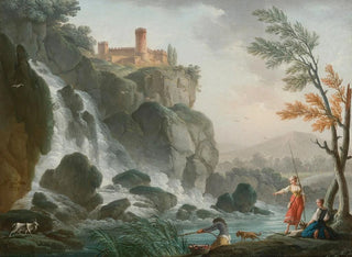 Fishing by a river with a waterfall under a castle - Charles-François Grenier de Lacroix — artwork view