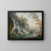 Fishing by a river with a waterfall under a castle - Charles-François Grenier de Lacroix — framed artwork on a wall
