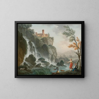 Fishing by a river with a waterfall under a castle - Charles-François Grenier de Lacroix — framed artwork on a wall