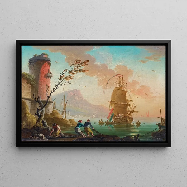 Scene of fishing in a port - Charles-François Grenier de Lacroix — framed artwork on a wall