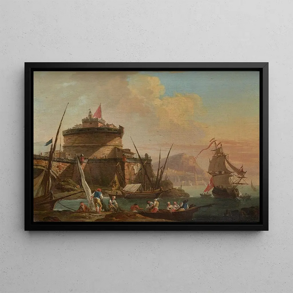 Sunset Harbor Scene - Charles-François Grenier de Lacroix — framed artwork on a wall