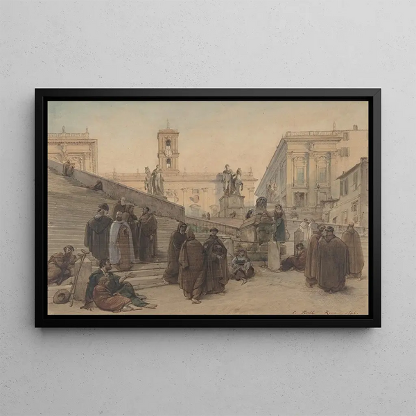 The Capitole seen from the staircase of the Aracoeli church in Rome at sunset - Charles-François Houel — framed artwork on a wall