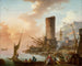 Mediterranean port painting lively with fishermen and Levantine merchants in the morning - Charles-François Lacroix — artwork view