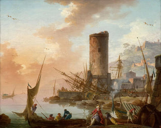 Mediterranean port painting lively with fishermen and Levantine merchants in the morning - Charles-François Lacroix — artwork view