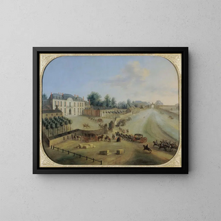 View of the Château de la Muette with the King's arrival - Charles-Léopold Grevenbroeck — framed artwork on a wall