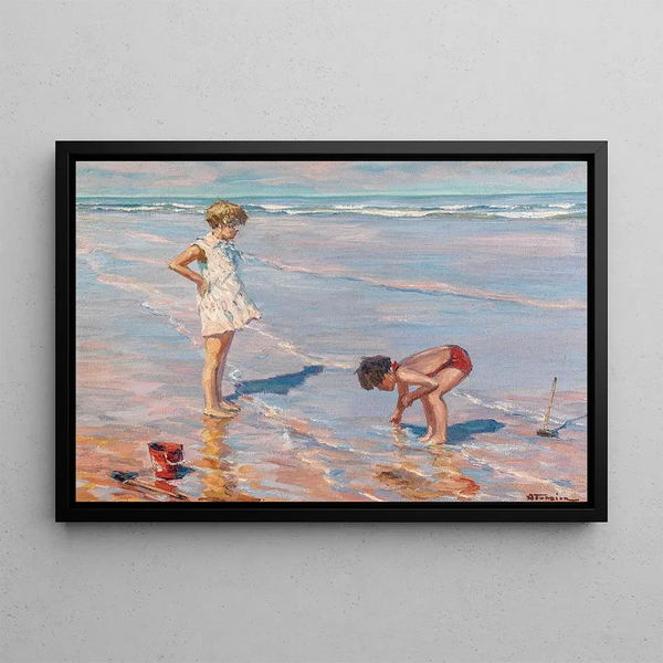 Children playing on a beach - Charles Atamian — framed artwork on a wall