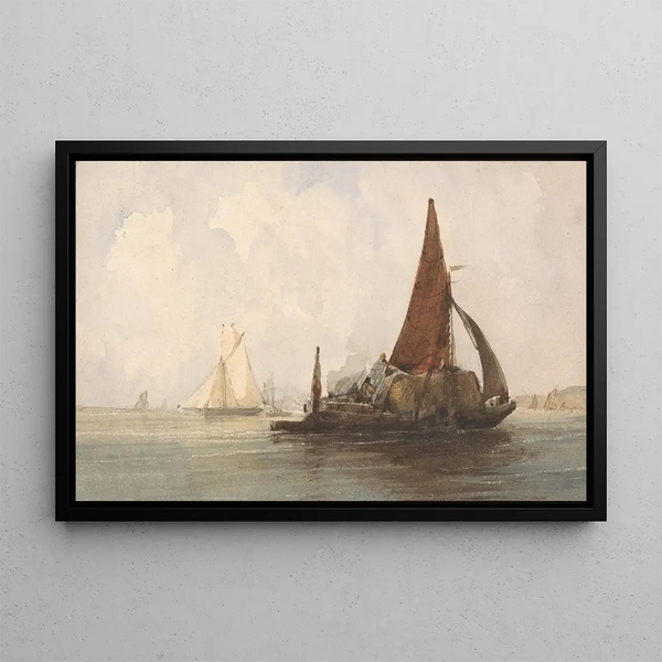 Chaland à foin sur une mer calme - Charles Bentley — framed artwork on a wall
