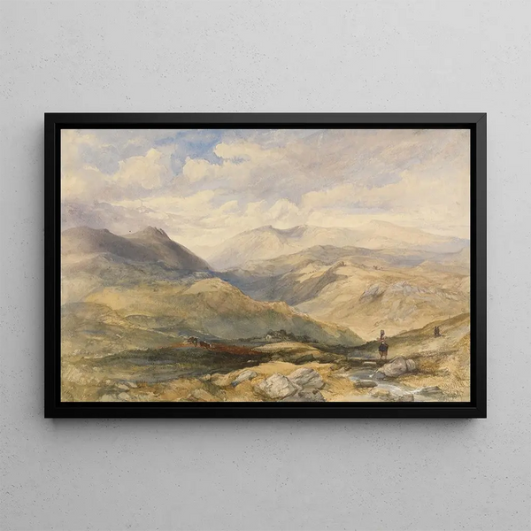 Highland Landscape Painting with Figures - Charles Bentley — framed artwork on a wall