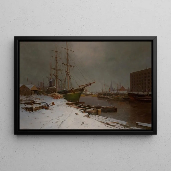 Port of London under Snow - Charles Brooke Branwhite — framed artwork on a wall