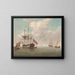 A small warship at anchor with boats under sails - Charles Brooking — framed artwork on a wall