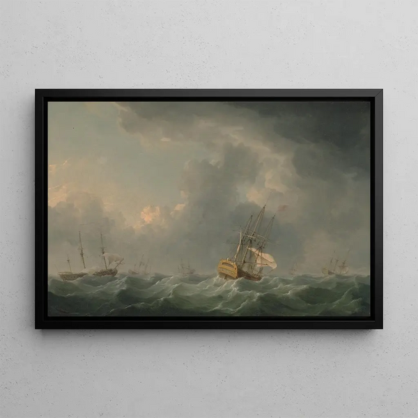Ships English fleeing before a storm - Charles Brooking — framed artwork on a wall