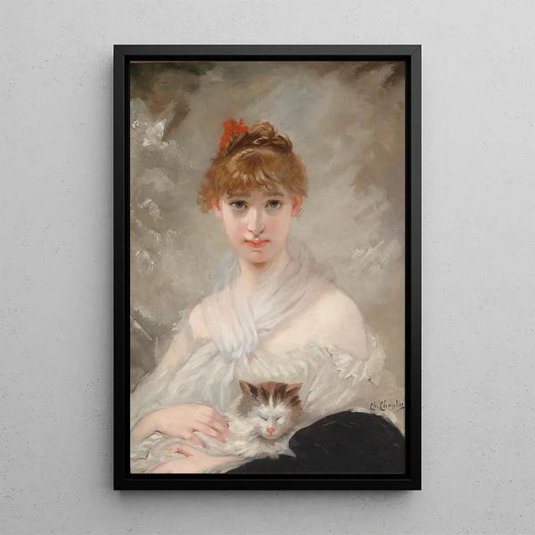 Reproduction of the painting Young girl with a white cloth and a cat - Charles Chaplin