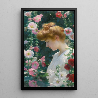 Rose trémière and sunlight painting - Charles Courtney Curran — framed artwork on a wall