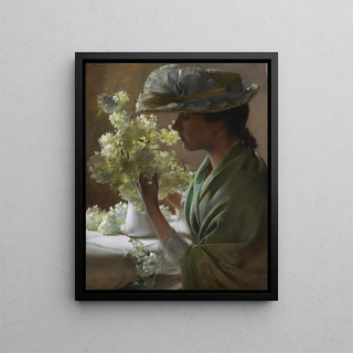 La Dame au bouquet de boules de neige - Charles Courtney Curran — framed artwork on a wall
