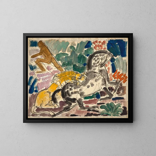 Lion attacking a horse - Charles Dufresne — framed artwork on a wall