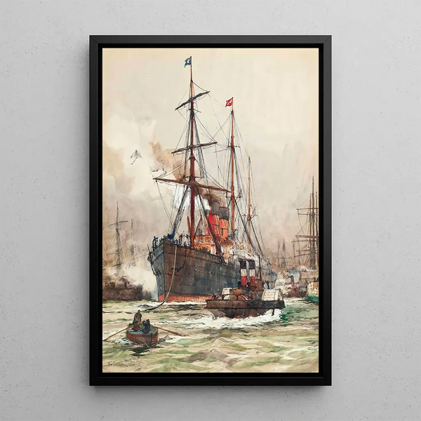 L'Aurania leaving Liverpool port - Charles Edward Dixon — framed artwork on a wall